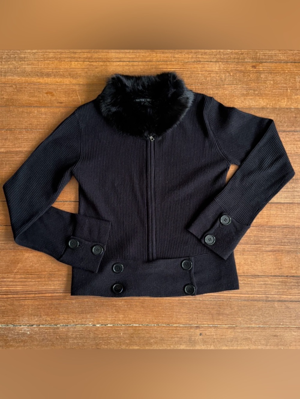 Bette Sung Black Ribbed Zip Sweater Jacket with Faux Fur Collar (M)